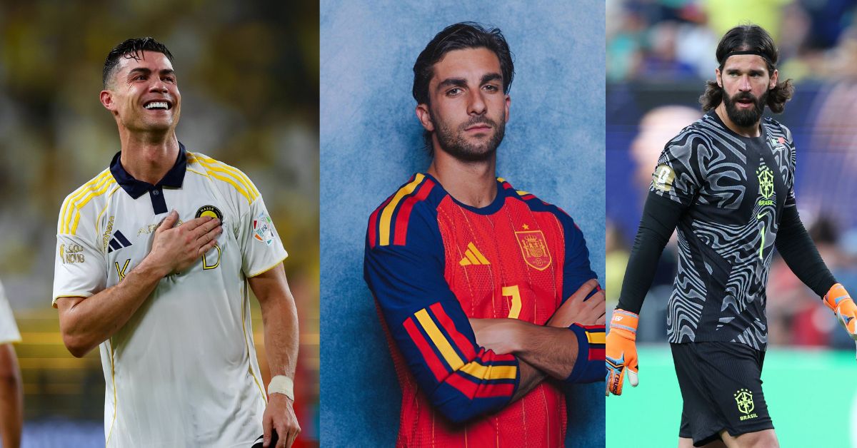 Un Collage De Tres Imágenes Que Presentan A Reconocidos Futbolistas Seleccionados Para Una Lista De Los Más Guapos. De Izquierda A Derecha: Cristiano Ronaldo, De Portugal, Sonríe Con La Mano En El Pecho, Usando La Camiseta Blanca De Su Club; Un Retrato De Estudio De Un Jugador De España (Posiblemente Un Modelo Representando A La Selección) Con La Camiseta Roja Y Azul, Posando Serio Con Los Brazos Cruzados; Y Alisson Becker, El Portero De Brasil, Con Su Equipación Negra De Portero, Guantes Naranjas Y Su Distintiva Barba, En El Campo De Juego.