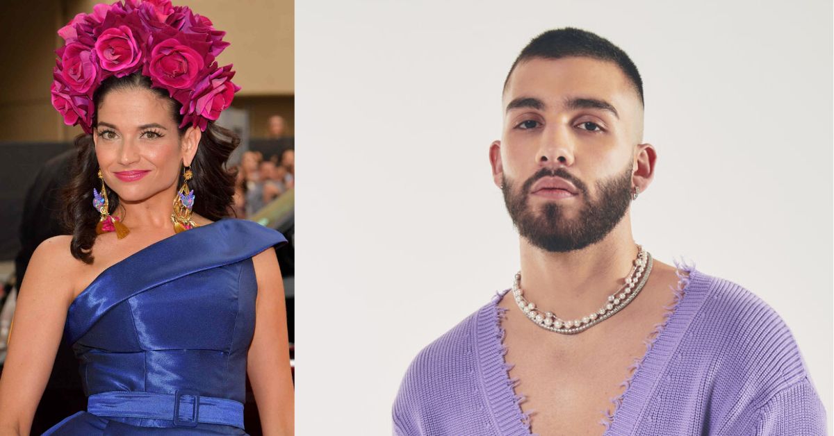 Imagen Dividida Que Muestra A La Cantante Natalia Jiménez Con Tocado De Flores Rosa Y Vestido Azul A La Izquierda, Y Al Cantante Manuel Turizo Con Suéter Lila A La Derecha, Artistas Estelares Del Festival Del Mar 2026.