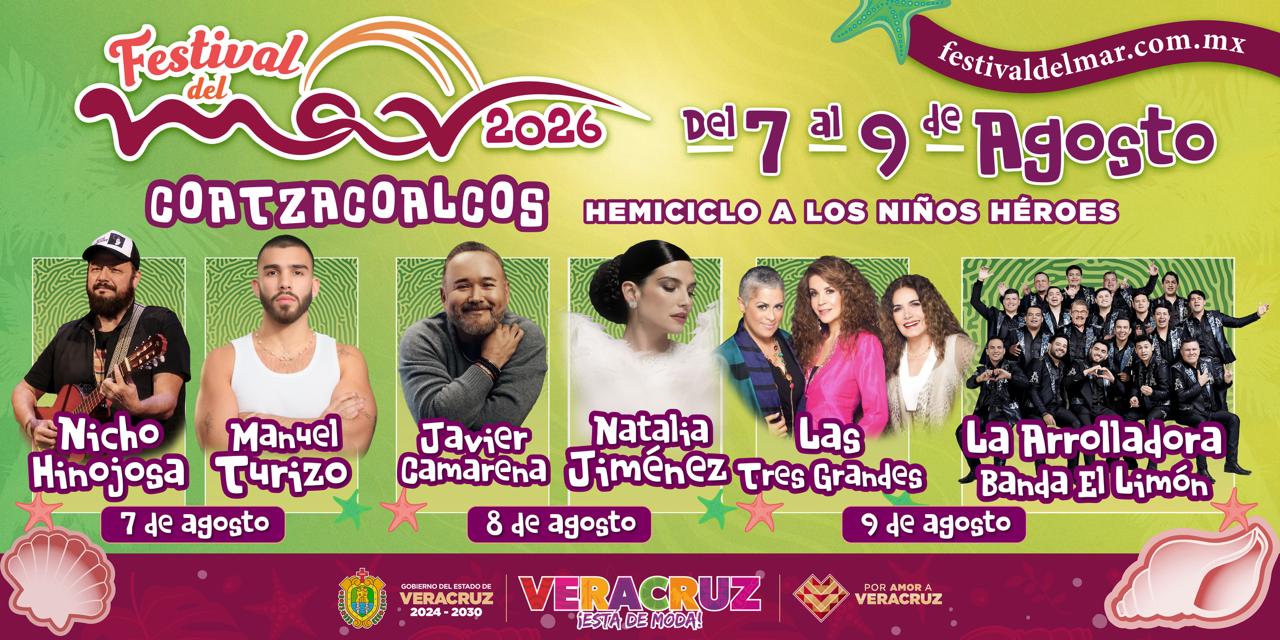 Cartel Oficial Del Festival Del Mar 2026 En Coatzacoalcos, Veracruz, Del 7 Al 9 De Agosto En El Hemiciclo A Los Niños Héroes, Con Fotografías De Los Artistas Nicho Hinojosa, Manuel Turizo, Javier Camarena, Natalia Jiménez, Las Tres Grandes Y La Arrolladora Banda El Limón.