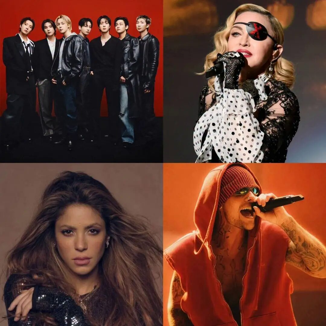 Conoce qué artistas se presentarán en el show de medio tiempo de la final del mundial 2026 la revista del sureste mx Collage De Cuatro Imágenes Mostrando A Los Artistas Principales Del Show De Medio Tiempo De La Final Del Mundial 2026: Bts (Arriba Izquierda), Madonna (Arriba Derecha), Shakira (Abajo Izquierda) Y Justin Bieber (Abajo Derecha).