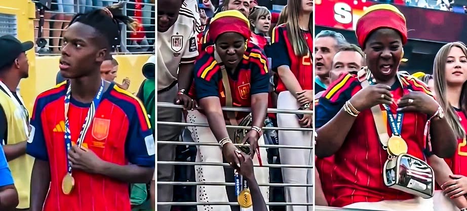 El tributo más conmovedor del mundial 2026: nico williams entrega su medalla de campeón a su madre tras la victoria de españa la revista del sureste mx Secuencia De Tres Fotos De Nico Williams Entregando Su Medalla De Campeón A Su Madre En Las Gradas Tras La Victoria De España.
