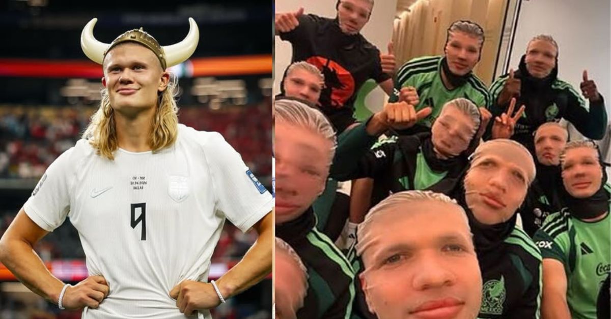 Jugadores De La Selección Mexicana Celebrando Con Máscaras De Erling Haaland Junto A Una Imagen Del Delantero Noruego Con Un Casco Vikingo.