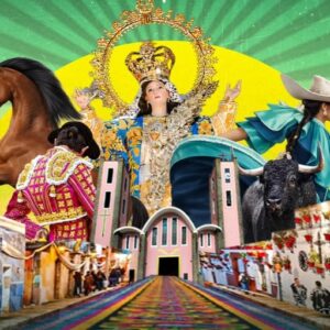 Banner Promocional De La Feria De Huamantla Tlaxcala, Con Un Collage Visual Que Integra La Imagen De La Virgen De La Caridad, Un Tapete De Arte Efímero, Un Torero, Una Escaramuza, Caballos Y Calles Típicas.