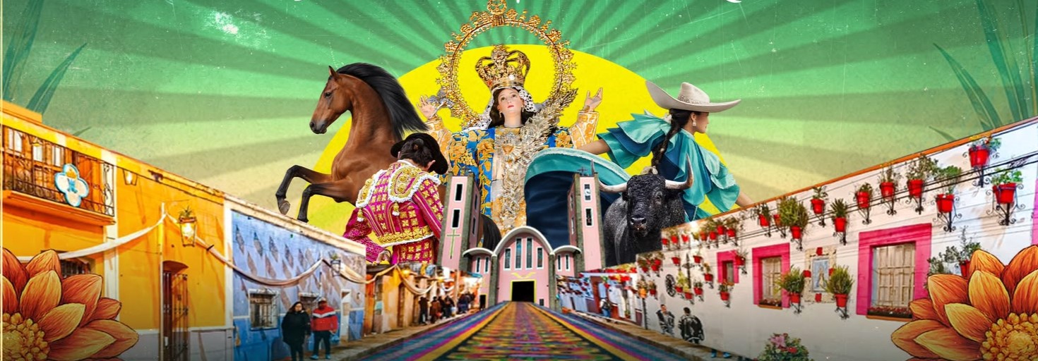 Banner Promocional De La Feria De Huamantla Tlaxcala, Con Un Collage Visual Que Integra La Imagen De La Virgen De La Caridad, Un Tapete De Arte Efímero, Un Torero, Una Escaramuza, Caballos Y Calles Típicas.