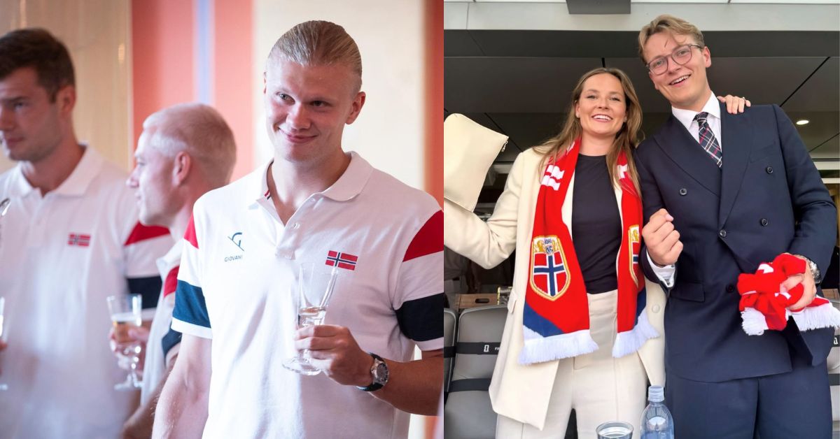 Composición Visual Que Muestra A Erling Haaland En Un Evento Formal Y, A La Derecha, A La Princesa Ingrid Alexandra Junto Al Príncipe Sverre Magnus De Noruega Apoyando A Su Selección Durante El Mundial 2026.