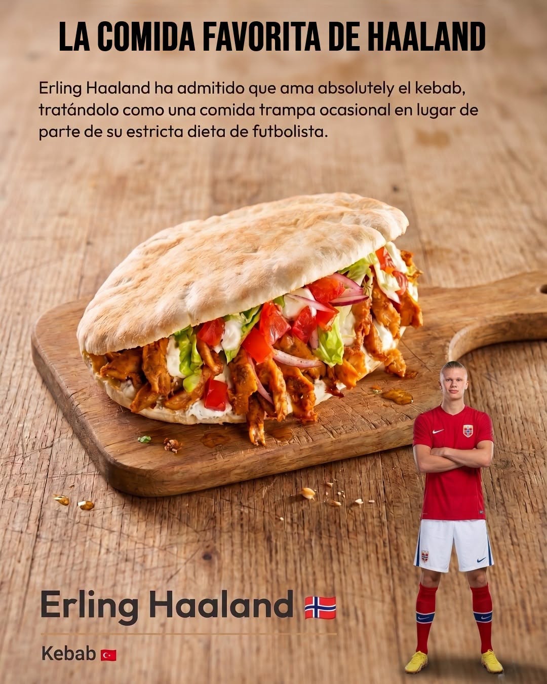 Un Delicioso Döner Kebab Servido En Pan Plano Sobre Una Tabla De Madera, Acompañado Por Una Imagen De Erling Haaland Vistiendo La Camiseta De La Selección De Noruega Y Un Texto Que Explica Que Es Su Comida Favorita.
