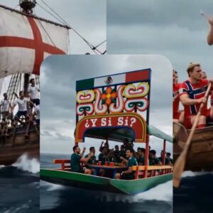 : Captura De Pantalla De Un Video Generado Por Ia Donde Se Comparan Diferentes Embarcaciones De Selecciones De Futbol Rumbo Al Mundial 2026. En El Centro, Destaca Una Colorida Trajinera Mexicana Con La Frase &Amp;Quot;¿Y Si Sí?&Amp;Quot;, Rodeada Por Un Barco De Vela Con La Bandera De Inglaterra A La Izquierda Y Un Bote Vikingo De Noruega A La Derecha.