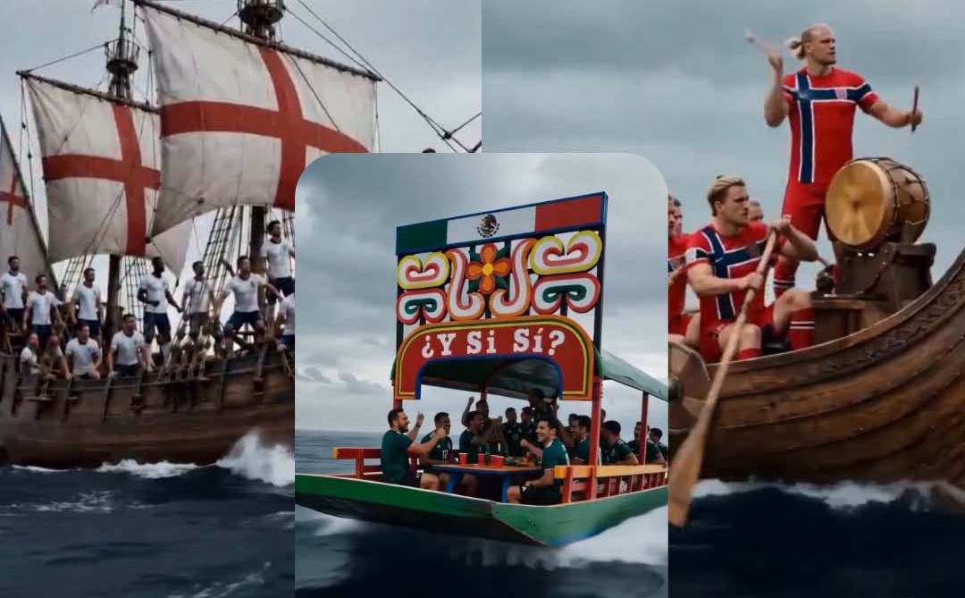 : Captura De Pantalla De Un Video Generado Por Ia Donde Se Comparan Diferentes Embarcaciones De Selecciones De Futbol Rumbo Al Mundial 2026. En El Centro, Destaca Una Colorida Trajinera Mexicana Con La Frase &Quot;¿Y Si Sí?&Quot;, Rodeada Por Un Barco De Vela Con La Bandera De Inglaterra A La Izquierda Y Un Bote Vikingo De Noruega A La Derecha.