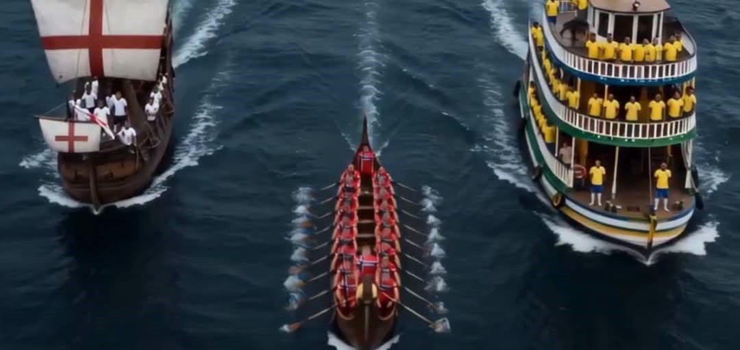 Una Vista Aérea Desde El Mar Donde Tres Embarcaciones Avanzan Hacia Un Objetivo Común; A La Izquierda, Un Barco Con Velas Blancas Y Rojas Representando A Inglaterra, Al Centro Un Bote De Remos Estilo Vikingo Representando A Noruega, Y A La Derecha Un Barco De Varios Niveles Con Los Colores Verde Y Amarillo De Brasil.
