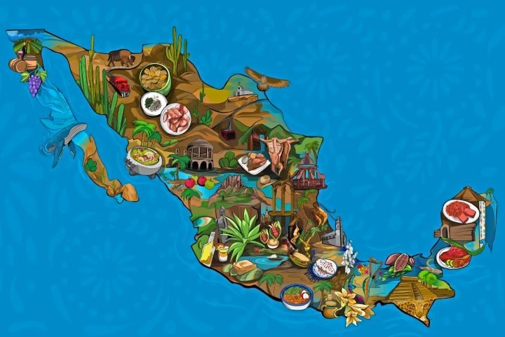 Mapa Ilustrado De La República Mexicana Sobre Un Fondo Azul Que Representa La Riqueza De La Gastronomía Mexicana, Mostrando Platillos Típicos, Bebidas Emblemáticas Como Tequila Y Vino, Y La Diversidad Cultural De Cada Región Del País.