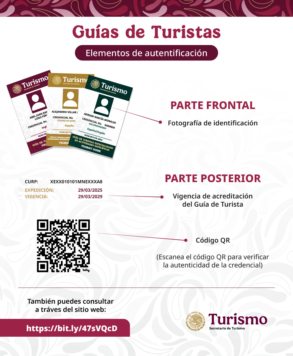 Sectur pide contratar guías de turistas certificados en méxico la revista del sureste mx Infografía De La Secretaría De Turismo De México Que Muestra Los Elementos De Autenticación De La Credencial Oficial Para Guías De Turistas, Incluyendo Fotografía, Vigencia, Código Qr Y Datos De Identificación Para Verificar Su Autenticidad.