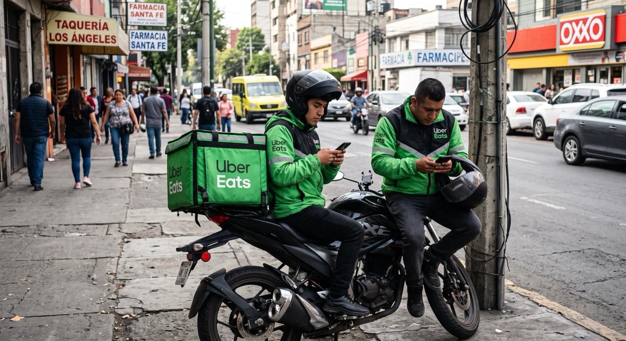 Defraudación al fisco: uber omite mil millones de pesos al imss por subreportar ingresos de sus trabajadores la revista del sureste mx Dos Repartidores De Uber Eats, Usando Chaquetas Y Cascos Verdes A Juego, Están Sentados En Una Motocicleta En Una Concurrida Calle De La Ciudad En La Ciudad De México. Ambos Están Absortos En Sus Teléfonos Inteligentes. Detrás De Ellos, Una Variedad De Tiendas Locales, Incluyendo Una Taquería Y Farmacias, Se Alinean En La Calle, Con Peatones Y Vehículos Pasando. La Escena Captura La Energía Y La Vida Cotidiana De Un Área Urbana Mexicana.