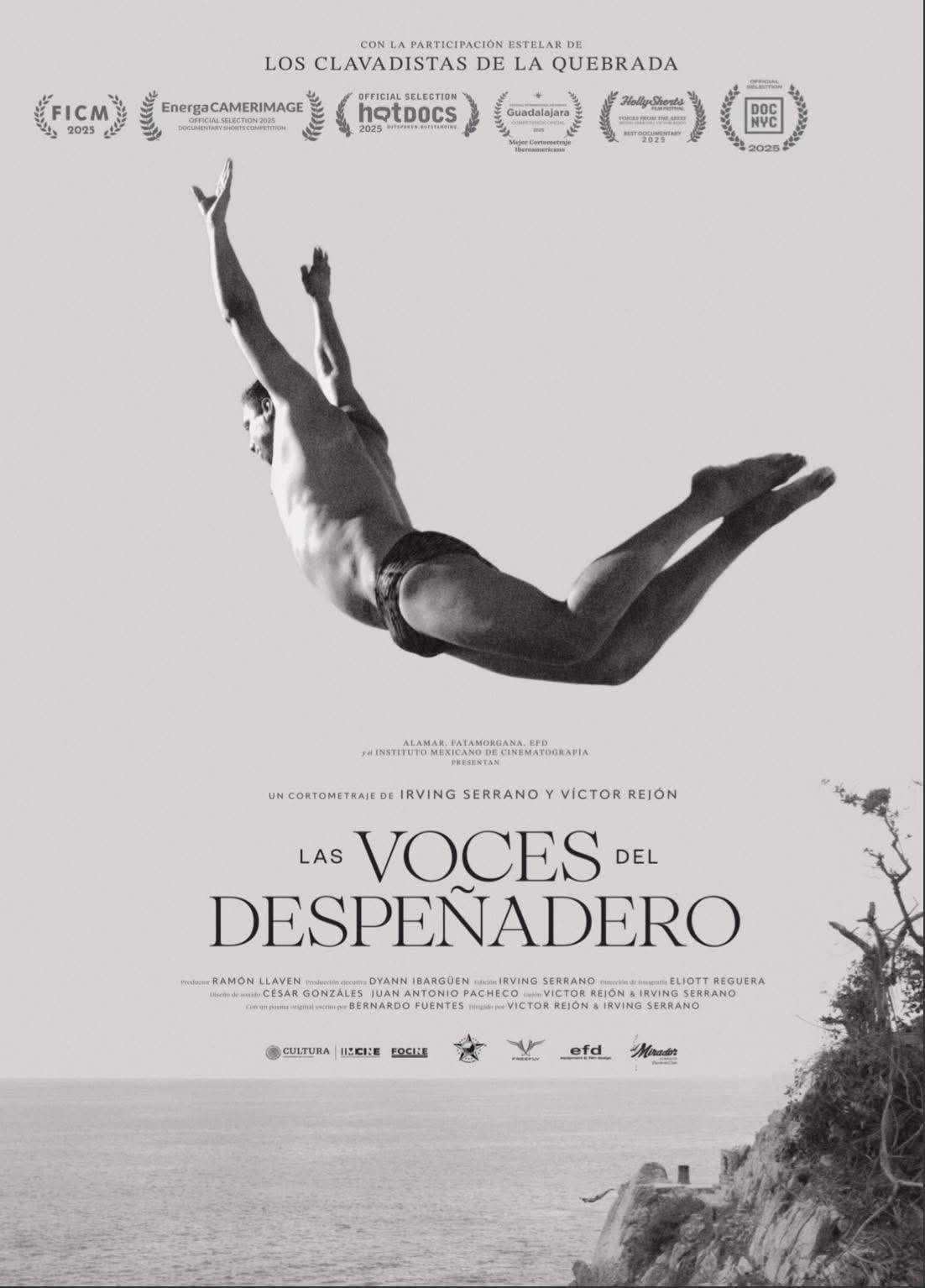 Director yucateco nominado al ariel 2026: la inspiradora historia del cortometraje "las voces del despeñadero" la revista del sureste mx Cartel Del Cortometraje Documental &Quot;Las Voces Del Despeñadero&Quot; Que Muestra A Un Clavadista De La Quebrada, Acapulco, Saltando En Blanco Y Negro, Con Texto E Iconos De Festivales Sobre Un Fondo Texturizado.