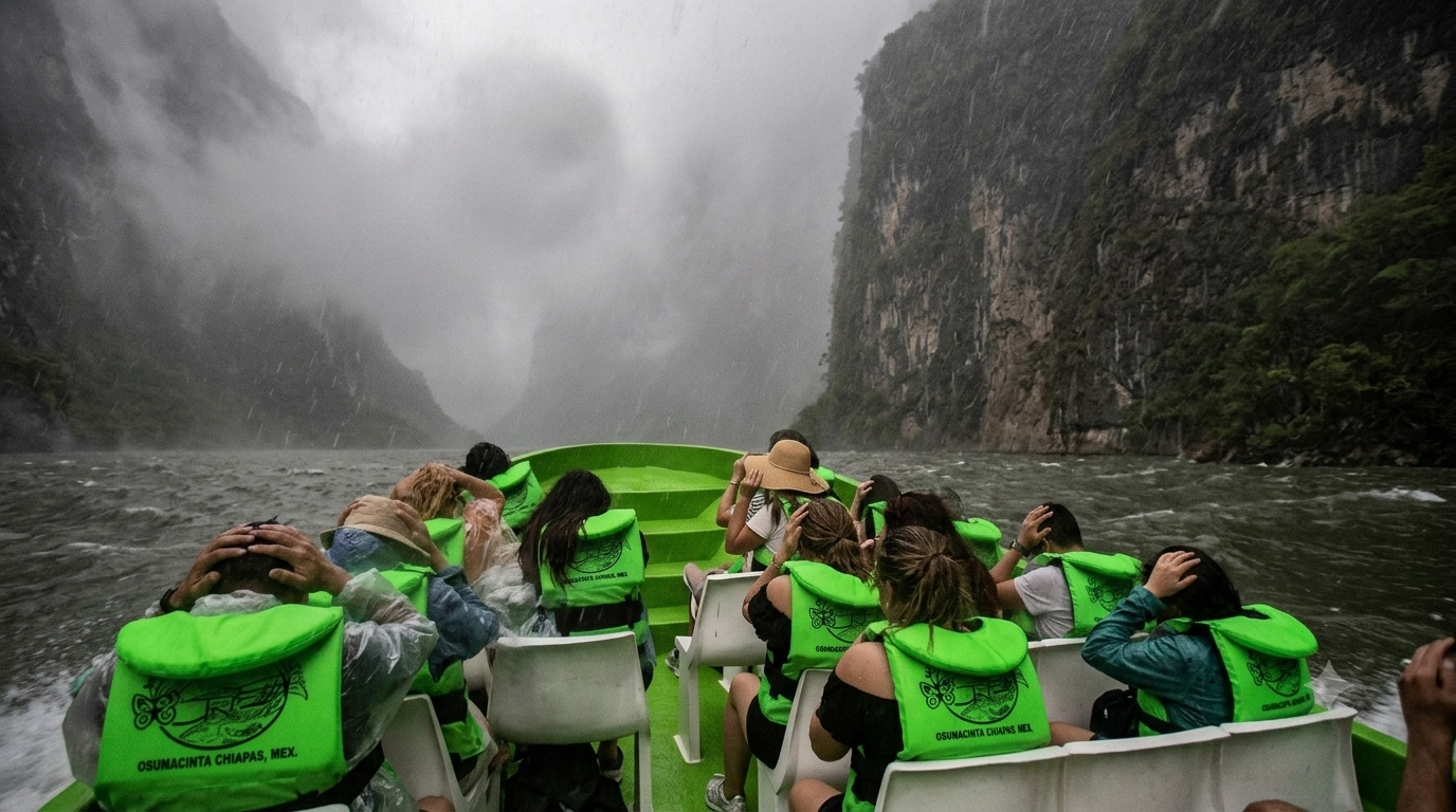 Momentos de angustia en el cañón del sumidero: turistas quedan atrapados en lancha tras sorpresiva e intensa tormenta la revista del sureste mx Una Vista Desde La Parte Trasera De Una Lancha Turística En Movimiento Que Navega Por El Río Grijalva. Aproximadamente Doce Pasajeros Están Sentados De Espaldas A La Cámara, Vistiendo Chalecos Salvavidas De Color Verde Neón Y Ponchos De Lluvia Transparentes. Varios Pasajeros Se Cubren La Cabeza Con Las Manos Ante La Lluvia Torrencial. La Lancha Está Rodeada Por Imponentes Acantilados Rocosos Y Una Densa Niebla Gris Que Llena El Estrecho Pasaje, Creando Una Atmósfera De Aventura Bajo El Mal Tiempo.