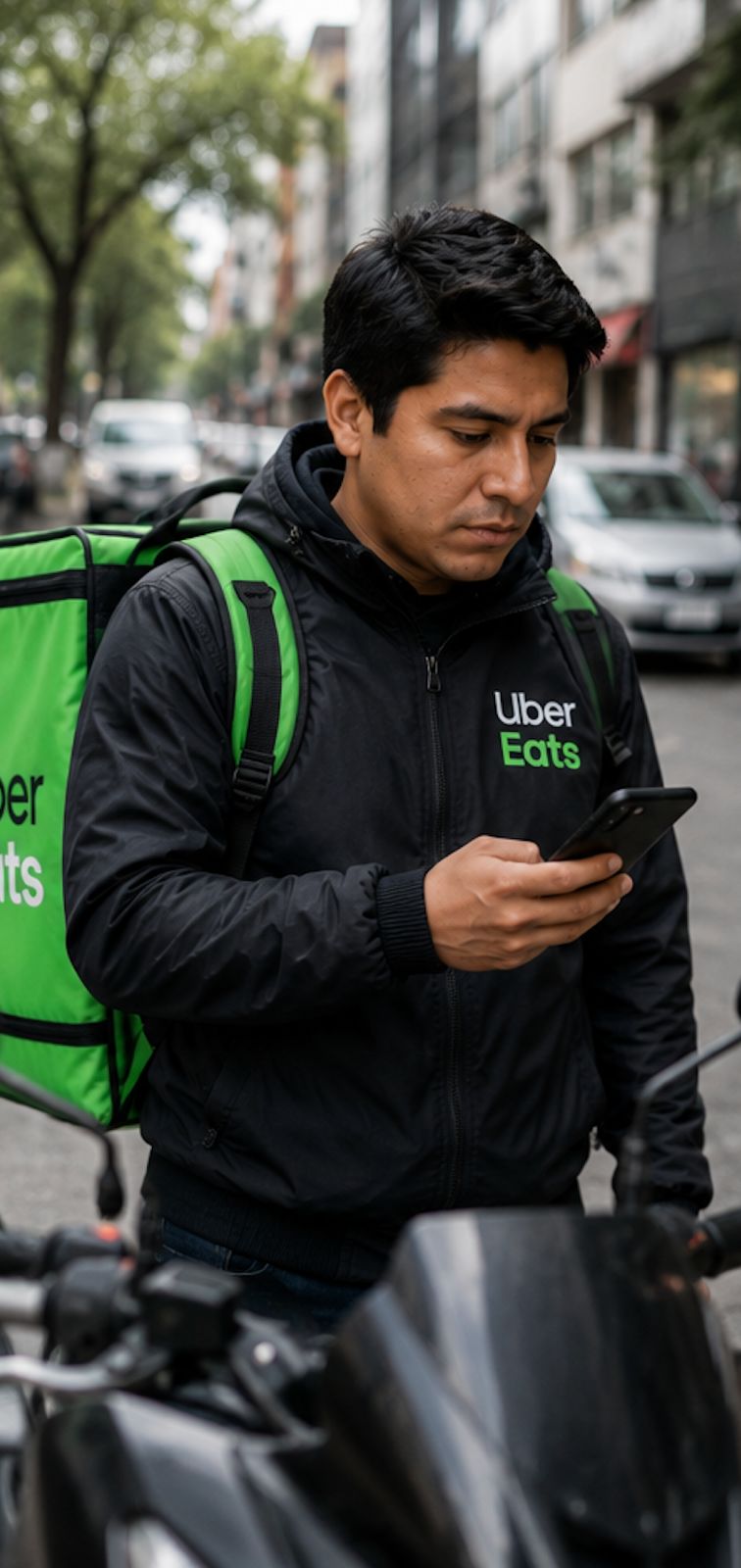 Primer Plano De Un Repartidor De Uber Eats En México, Mirando Fijamente La Pantalla De Su Teléfono Inteligente Mientras Sostiene El Manubrio De Su Motocicleta. Lleva Puesta Una Chamarra Negra Con El Logotipo Oficial De Uber Eats Y Carga A La Espalda Una Mochila Térmica Verde De La Misma Plataforma,