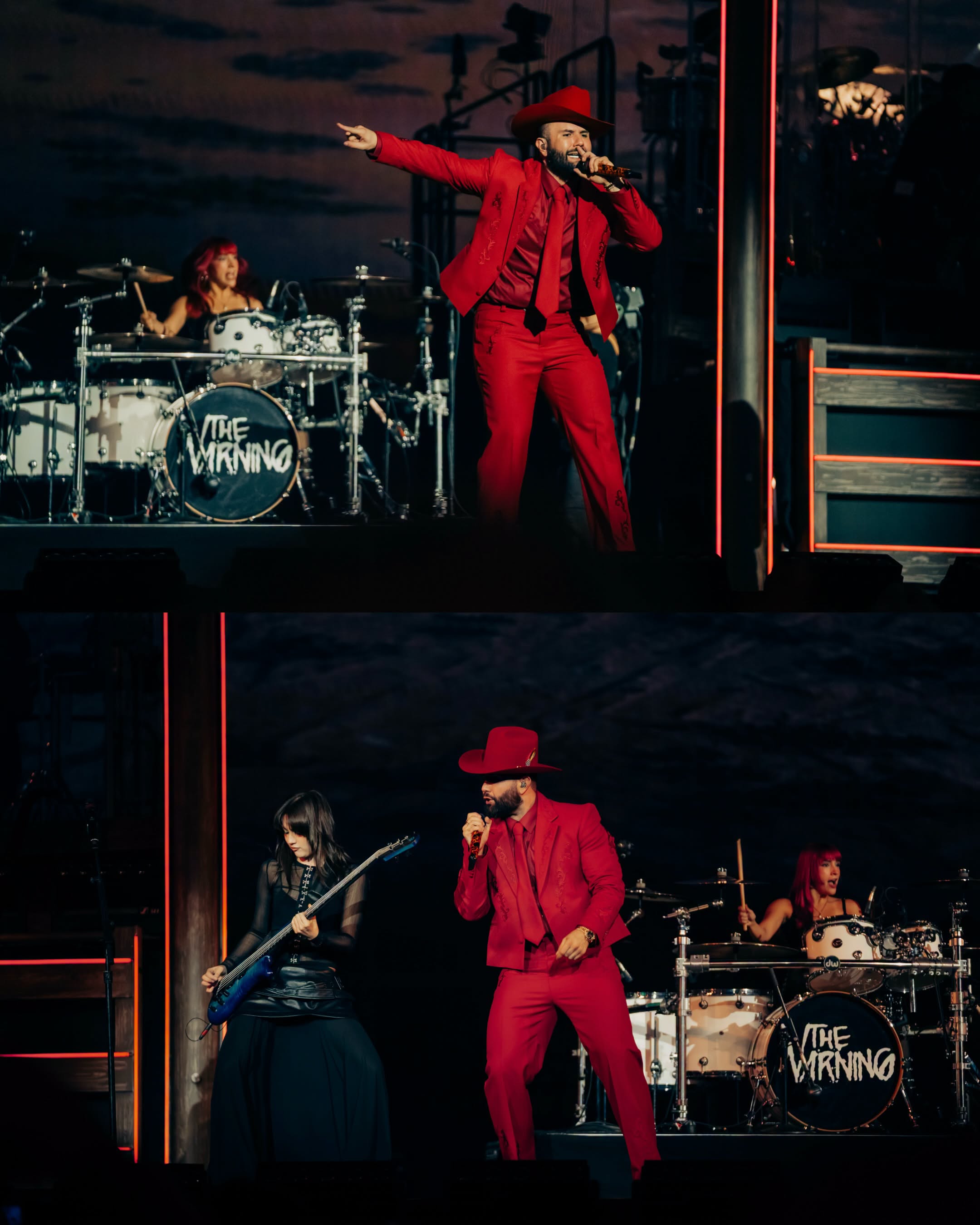 Un Collage De Dos Fotografías De Un Concierto En Vivo. En La Imagen Superior, El Cantante Carín León, Vestido De Rojo, Canta En El Centro Del Escenario Apuntando Hacia Arriba, Con La Baterista De La Banda &Quot;The Warning&Quot; Detrás De Él. En La Imagen Inferior, Carín León Canta Junto A Una Bajista De &Quot;The Warning&Quot; Con Bajo Azul, Mientras La Baterista Sigue Tocando, Todo Bajo Iluminación Roja Y Fondo Oscuro.