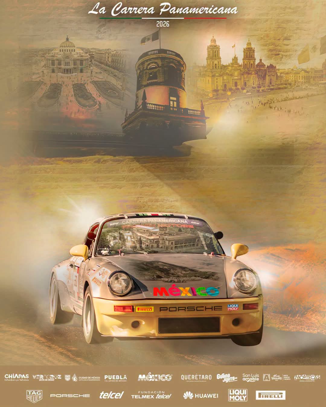Cartel Oficial De La Carrera Panamericana 2026 Que Muestra Un Auto De Competencia Color Amarillo Y Monumentos Históricos De México.