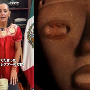 Un legado que regresa a casa: coleccionista japonés devuelve máscara prehispánica a méxico la revista del sureste mx Captura De Pantalla De Una Videollamada Dividida En Dos Paneles. A La Izquierda, La Embajadora Melba Pría, Vestida Con Una Blusa Bordada Roja, Habla Frente A Las Banderas De Japón Y México, Con Una Máscara Prehispánica Pequeña Sobre Una Mesa. A La Derecha, Un Primer Plano Extremo De Otra Máscara Prehispánica, De Color Marrón, Enfocando En El Detalle De Un Ojo.