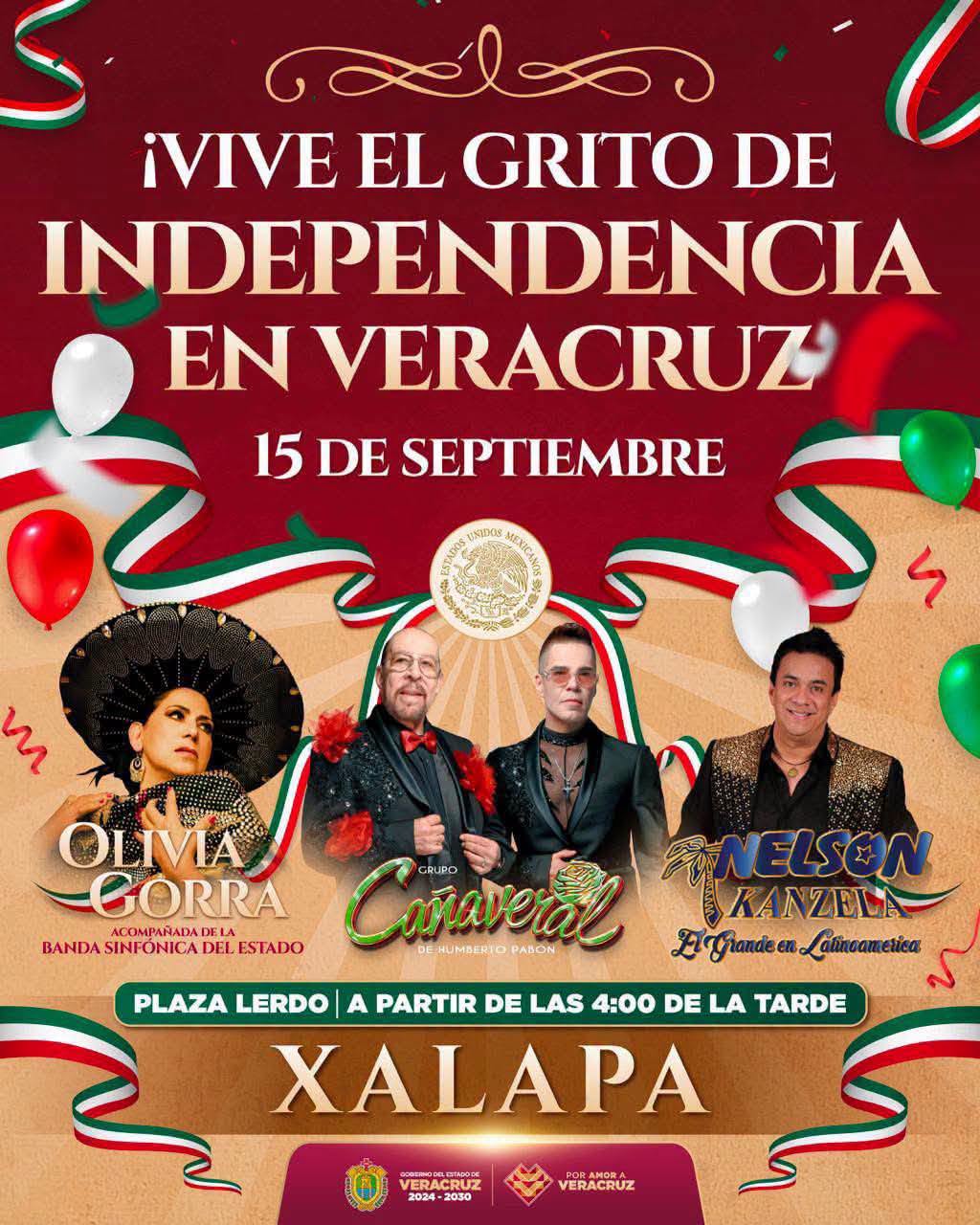 Cartel Oficial De La Celebración Del Grito De Independencia En Xalapa, Veracruz, Con Las Presentaciones De Olivia Gorra, Grupo Cañaveral Y Nelson Kanzela En Plaza Lerdo.